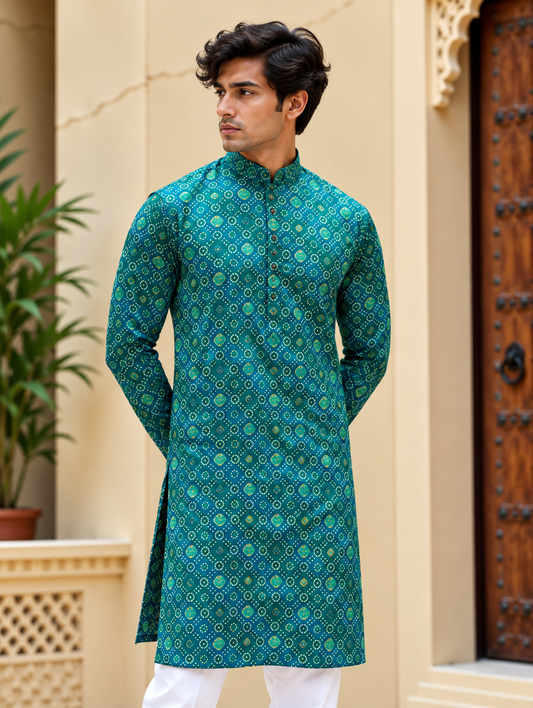 Turquoise Bandhej Long Kurta