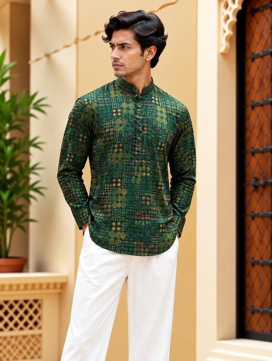 Green Geometric Printed Short Kurta