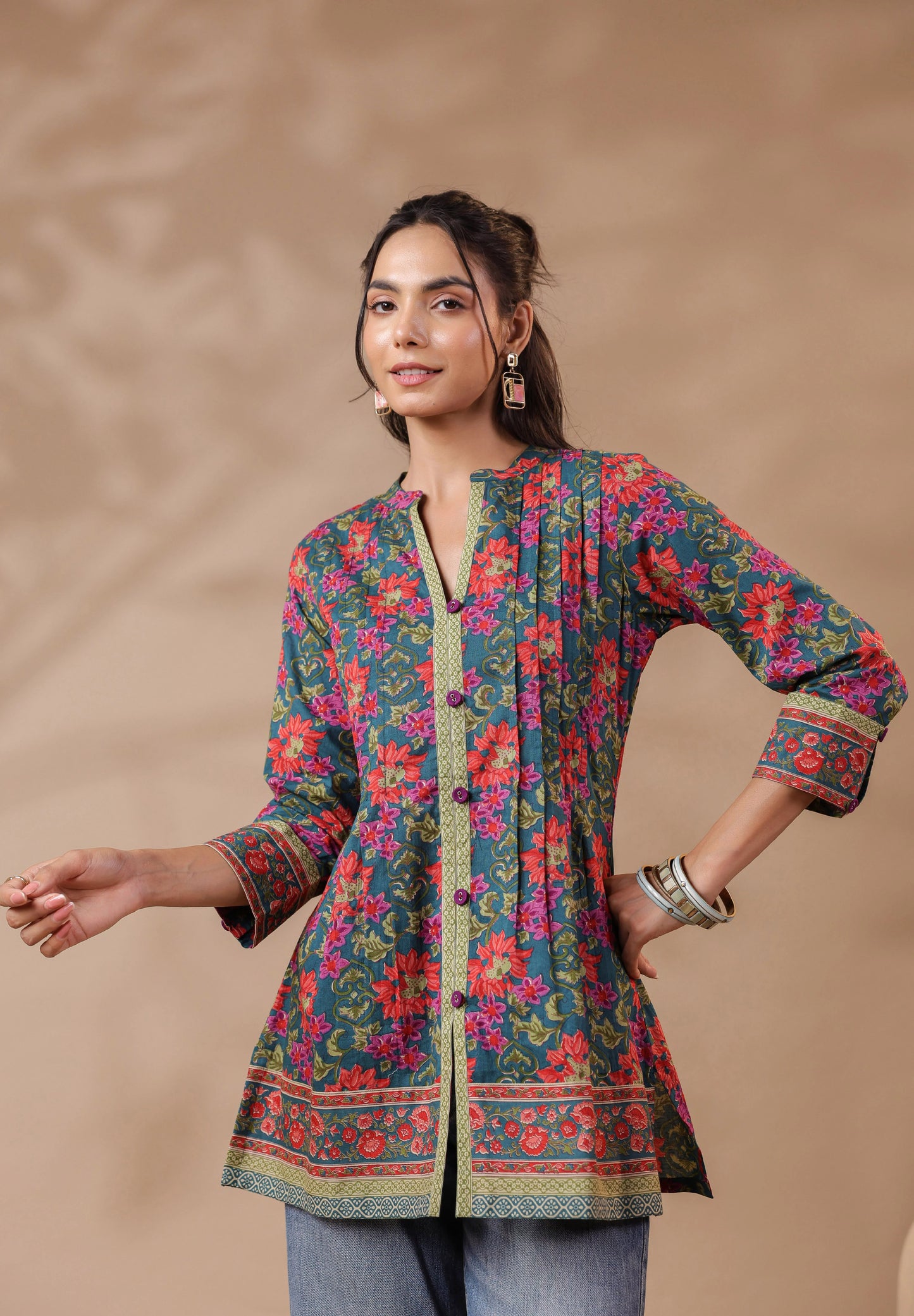 Green Printed Pintucks Cotton Top