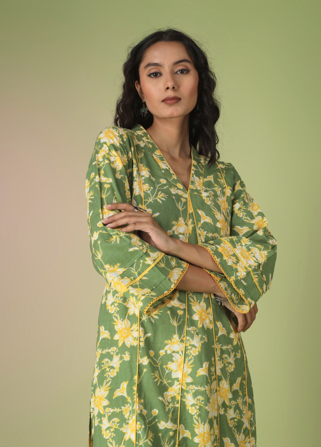 Green Printed Collar Neck Anarkali Set