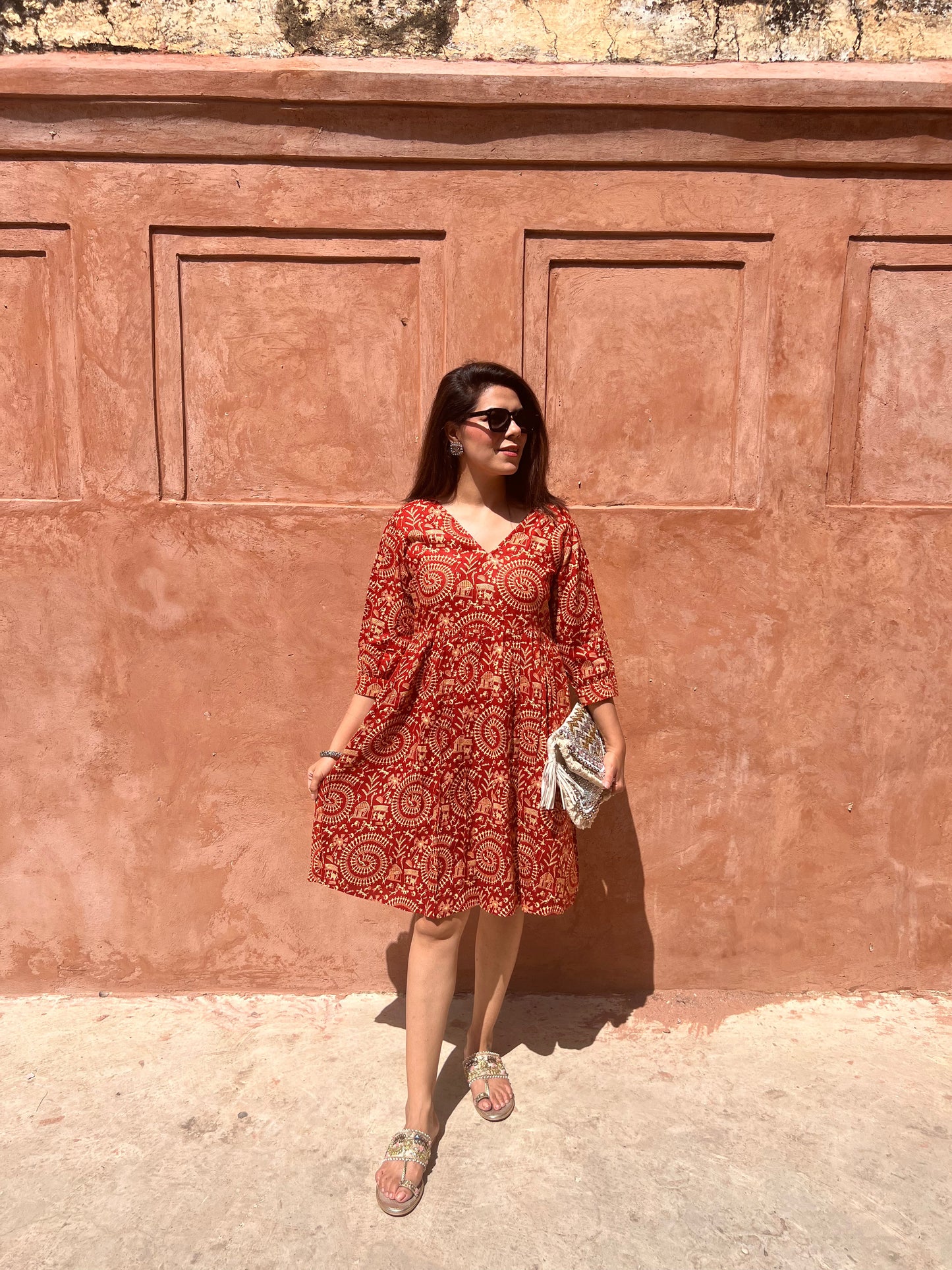 Tribal Print Puff Sleeves Ethnic Dress