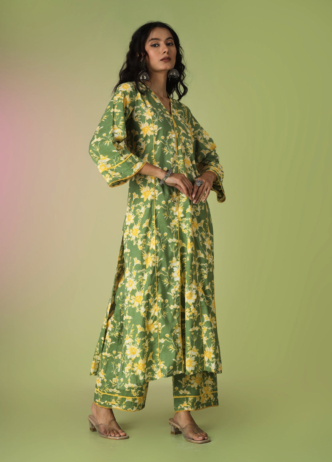 Green Printed Collar Neck Anarkali Set