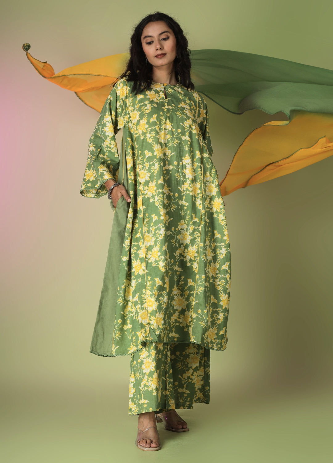 Green Printed Side Gathered Anarkali Set