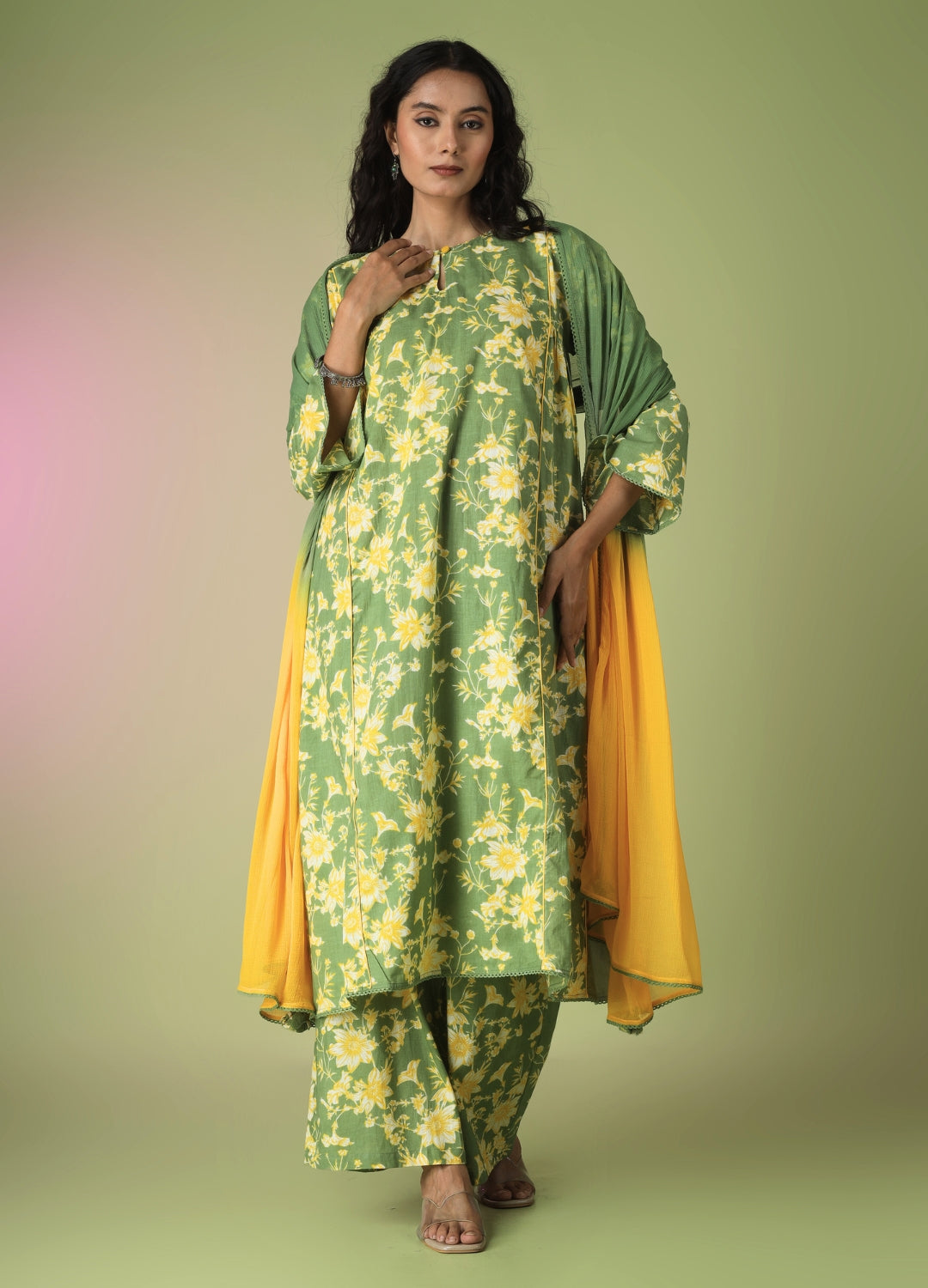 Green Printed Side Gathered Anarkali Set