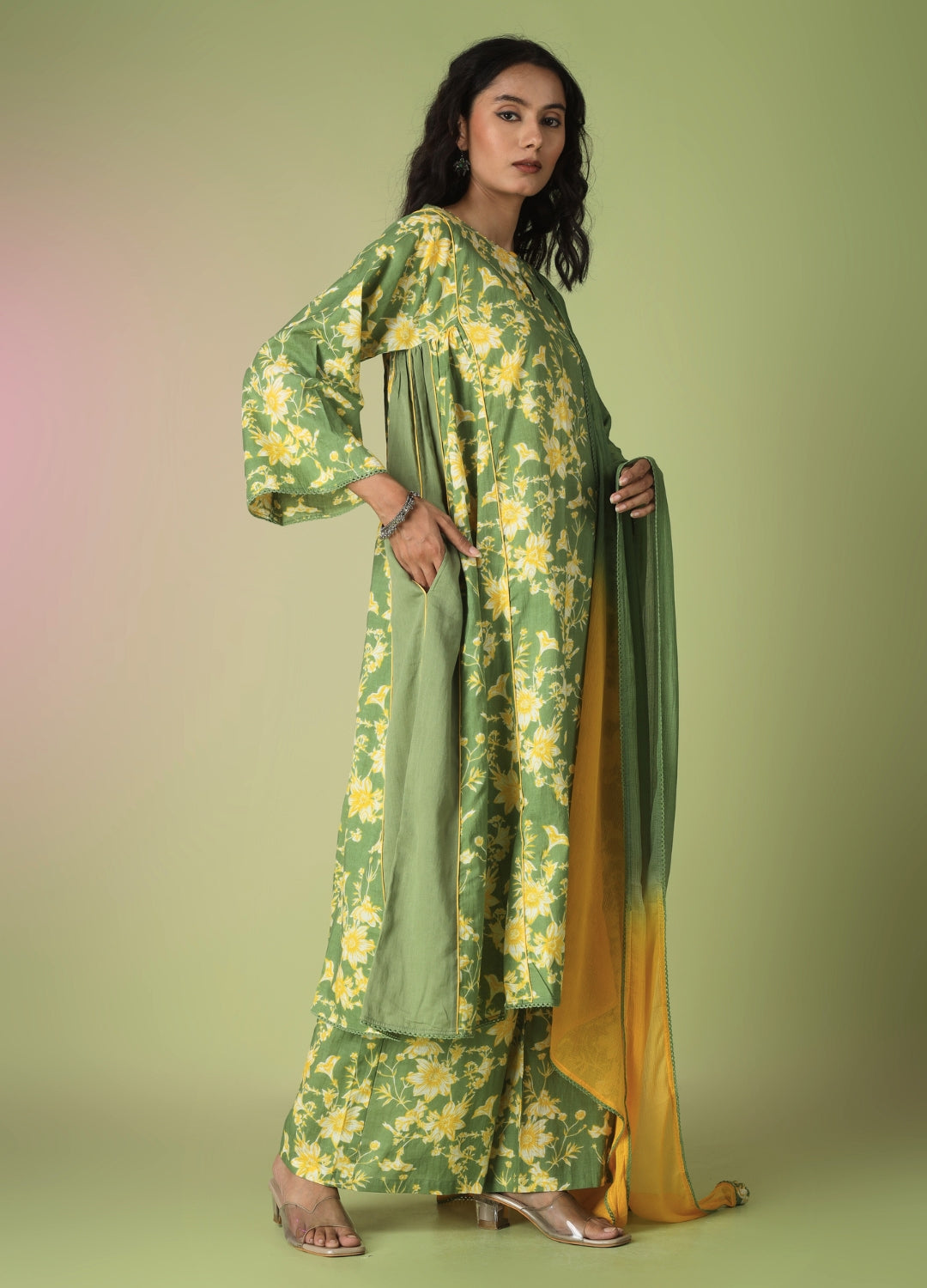 Green Printed Side Gathered Anarkali Set