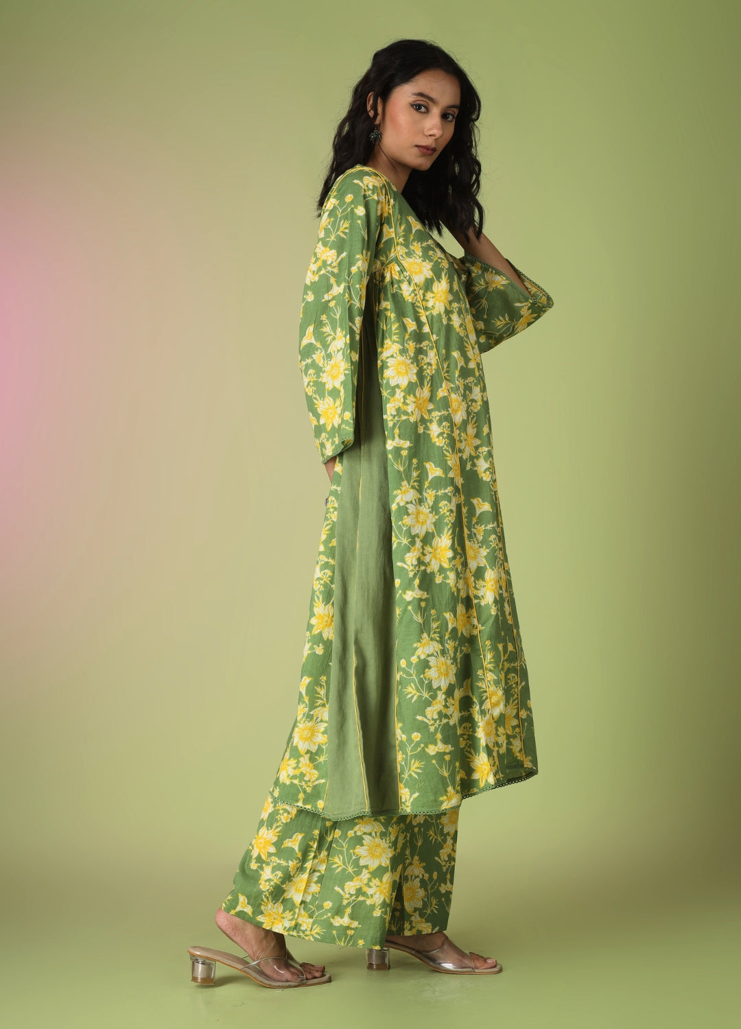 Green Printed Side Gathered Anarkali Set