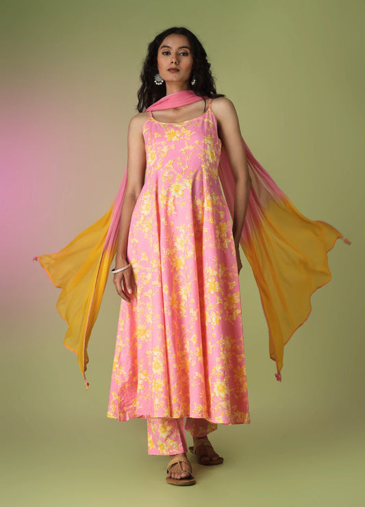 Pink Printed Strappy Anarkali Suit Set
