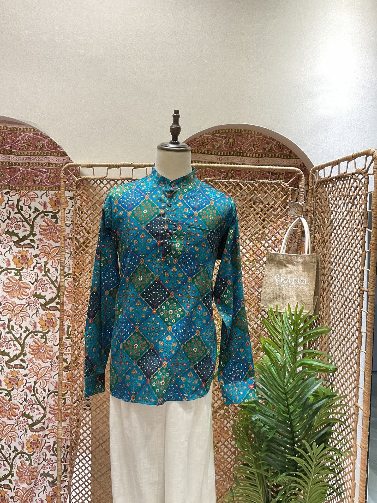 Teal Blue Patchwork Short Kurta