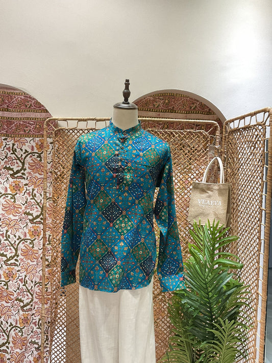 Teal Blue Patchwork Short Kurta