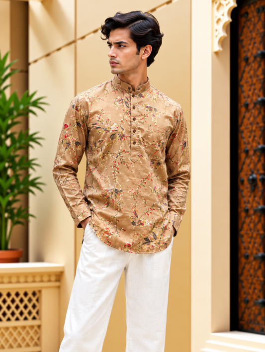 Brown Floral Printed Short Kurta