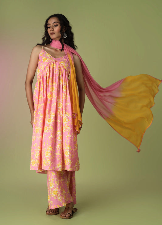 Pink Printed Strappy Kurta with Palazzo Suit Set