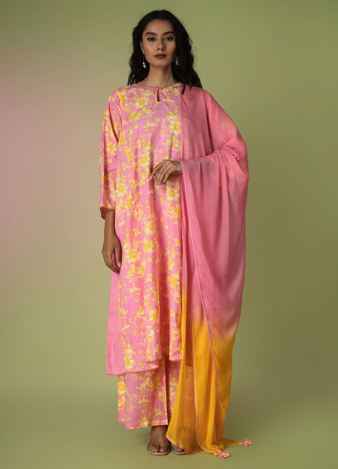 Pink Printed Side Gathered Anarkali Set