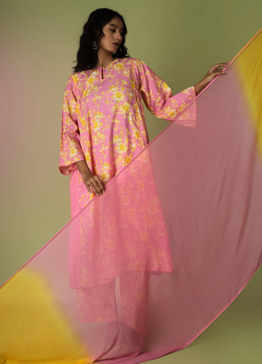 Pink Printed Side Gathered Anarkali Set