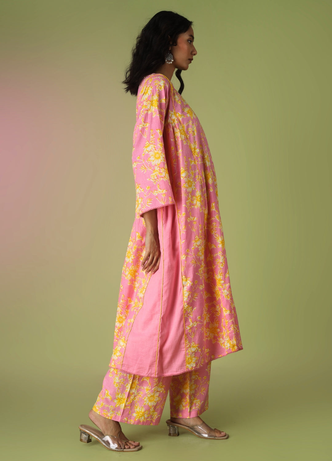 Pink Printed Side Gathered Anarkali Set