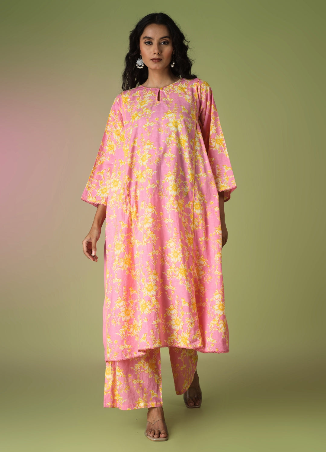 Pink Printed Side Gathered Anarkali Set