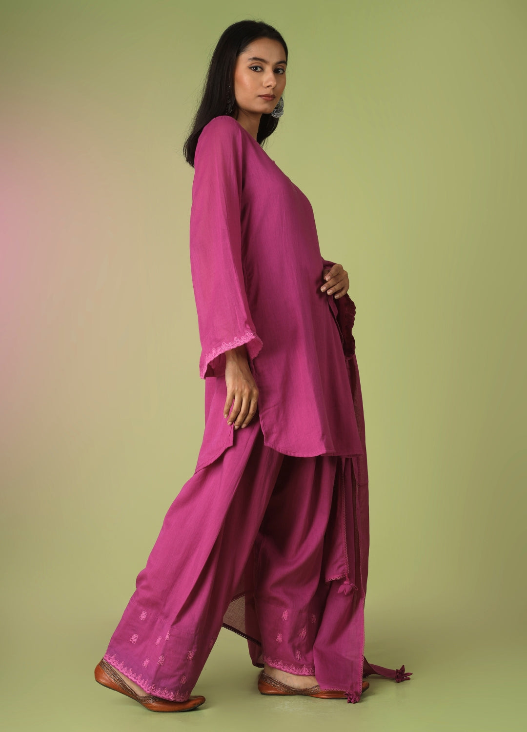 Raspberry Short Kurta with Farshi Shalwar Set
