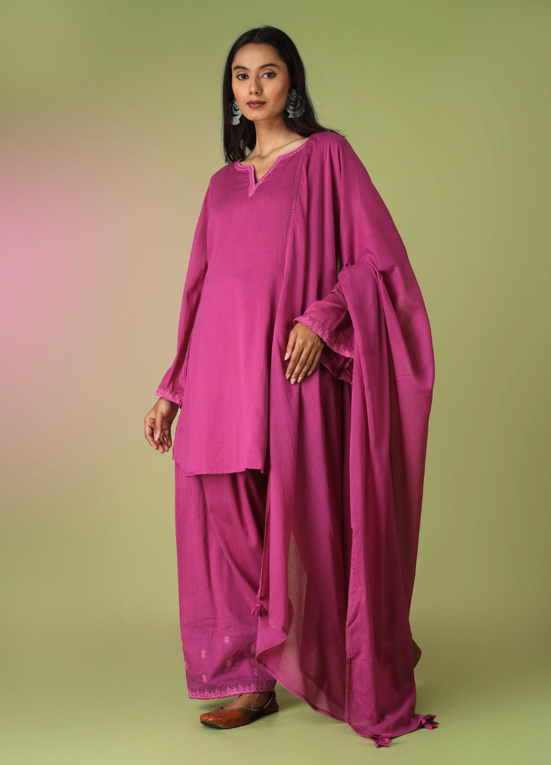 Raspberry Short Kurta with Farshi Shalwar Set
