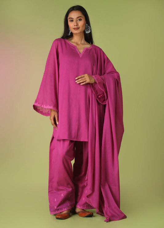 Raspberry Short Kurta with Farshi Shalwar Set