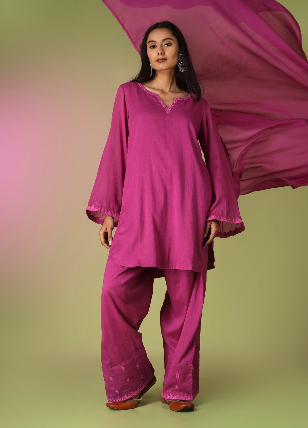 Raspberry Short Kurta with Farshi Shalwar Set