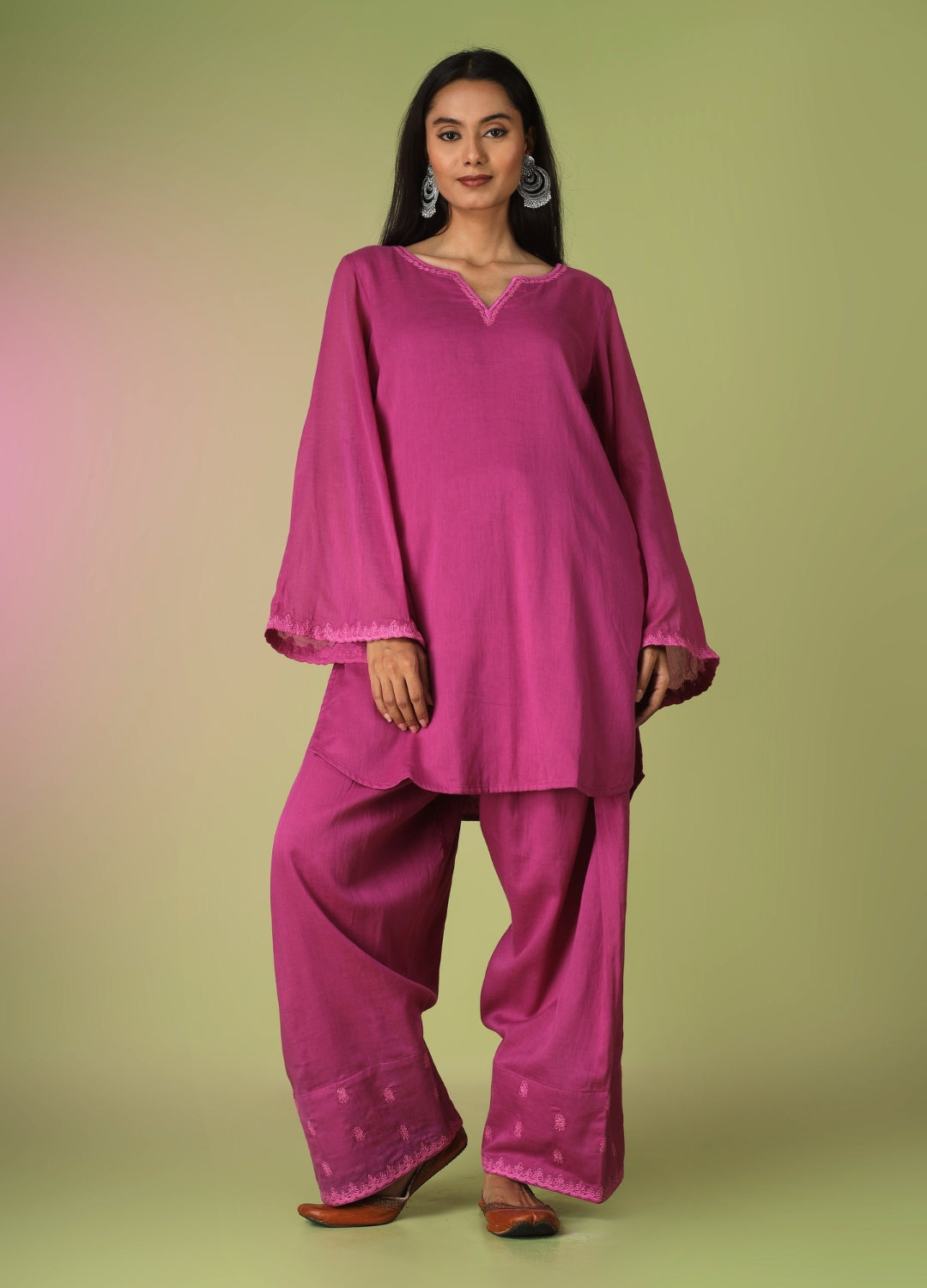 Raspberry Short Kurta with Farshi Shalwar Set