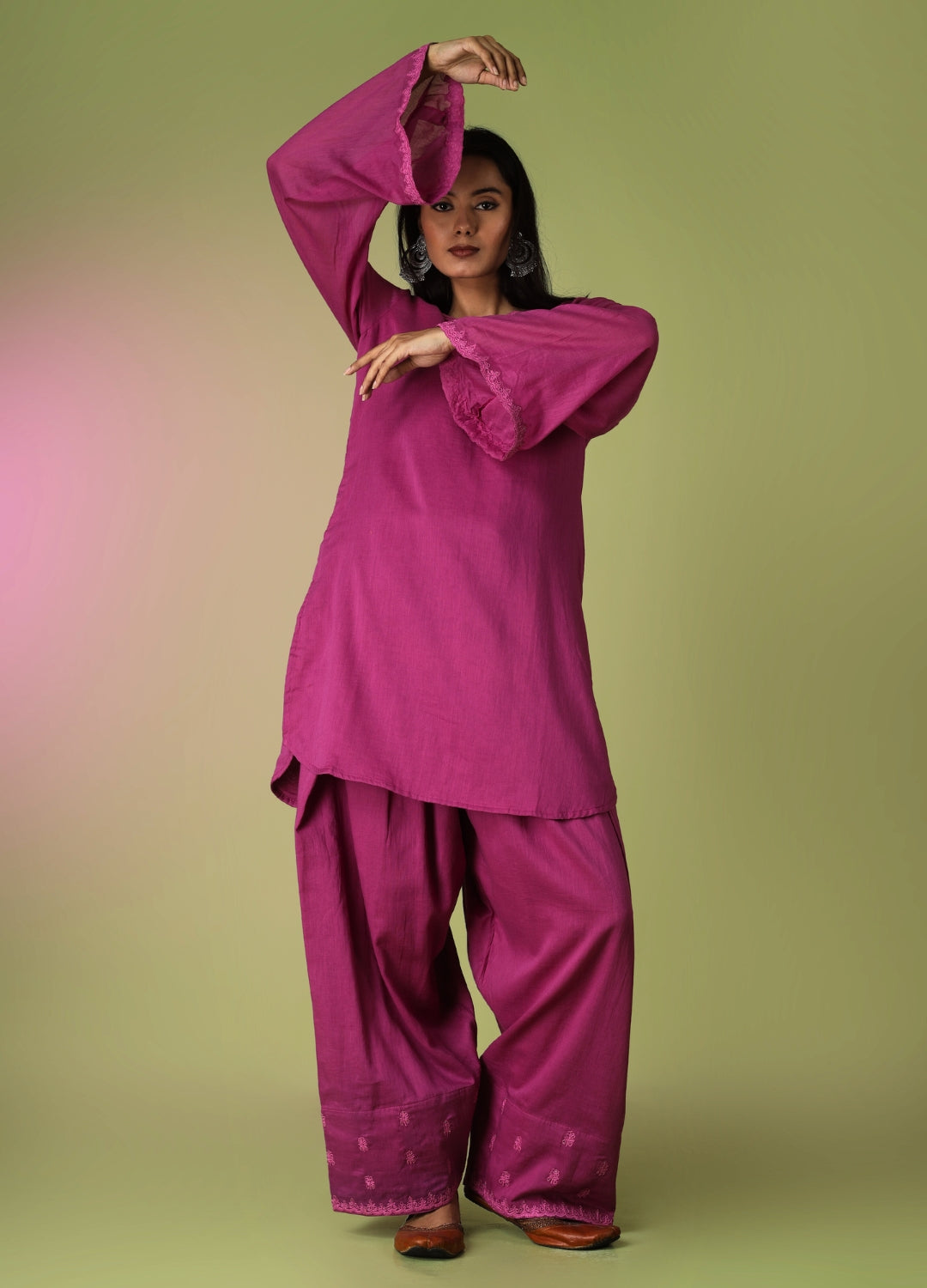 Raspberry Short Kurta with Farshi Shalwar Set