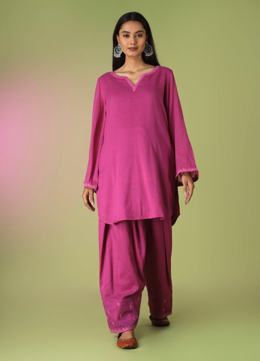 Raspberry Short Kurta with Farshi Shalwar Set