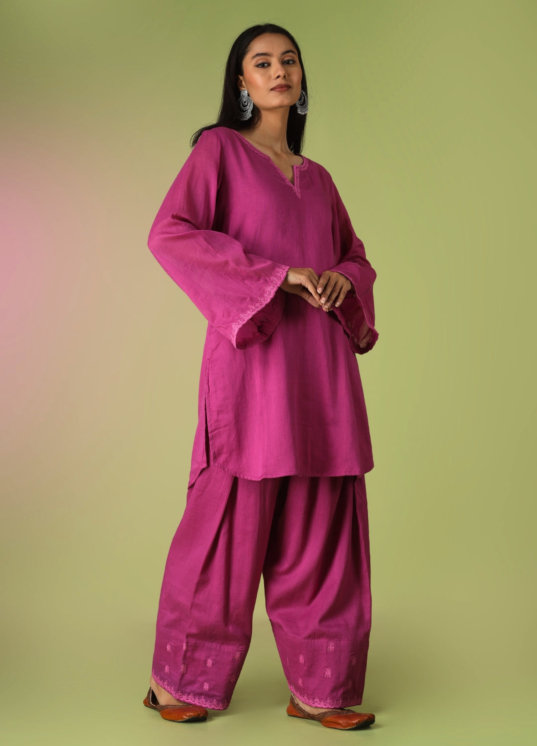 Raspberry Short Kurta with Farshi Shalwar Set
