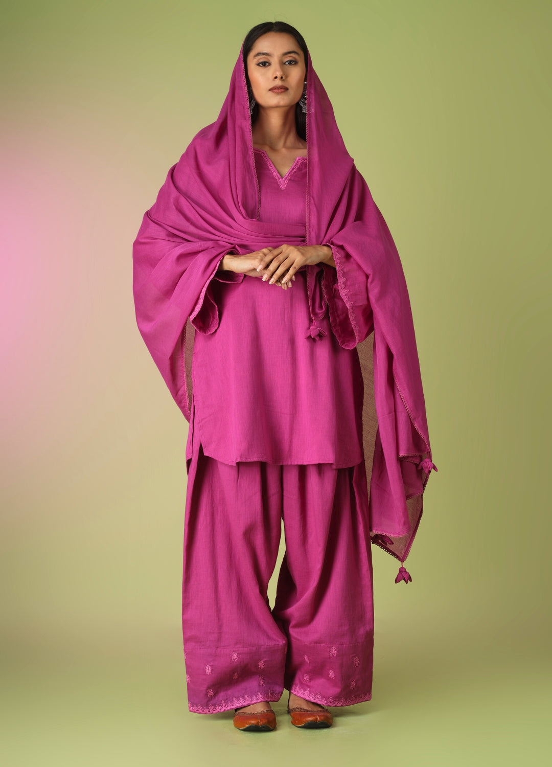 Raspberry Short Kurta with Farshi Shalwar Set