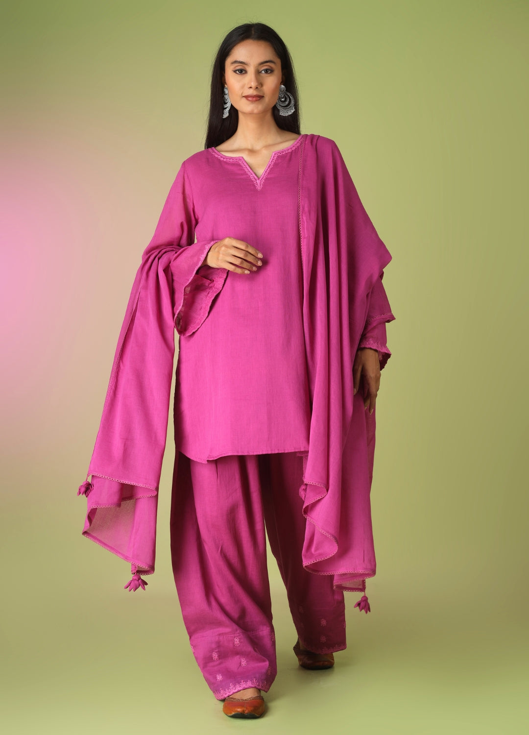 Raspberry Short Kurta with Farshi Shalwar Set