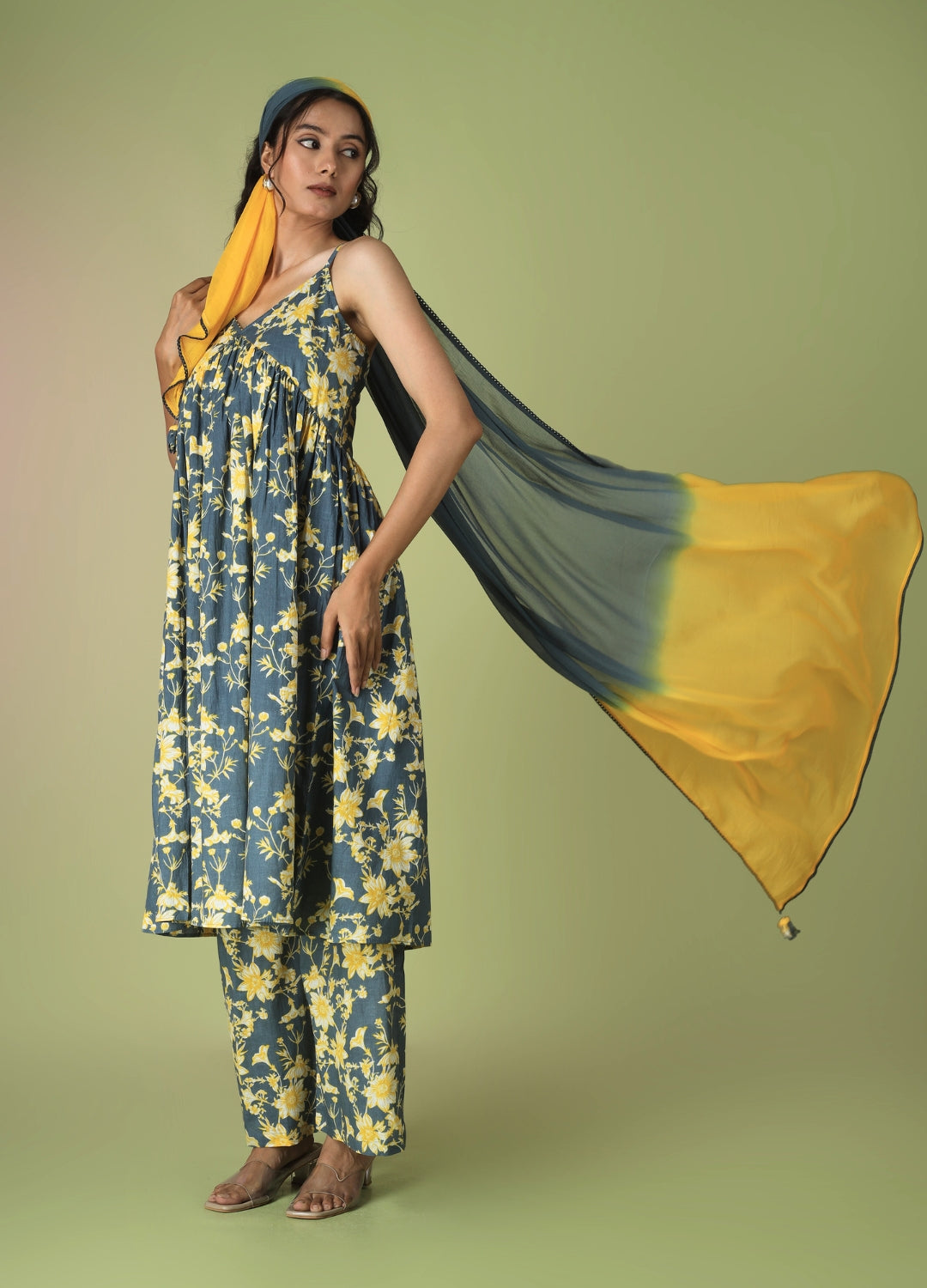 Blue Printed Strappy Kurta with Palazzo Set