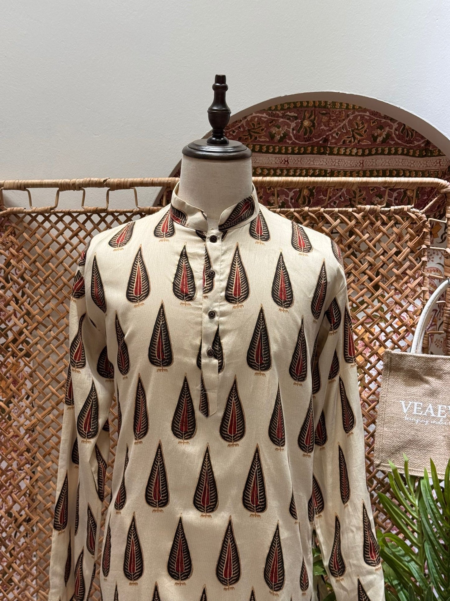 White and Red Printed Long Kurta