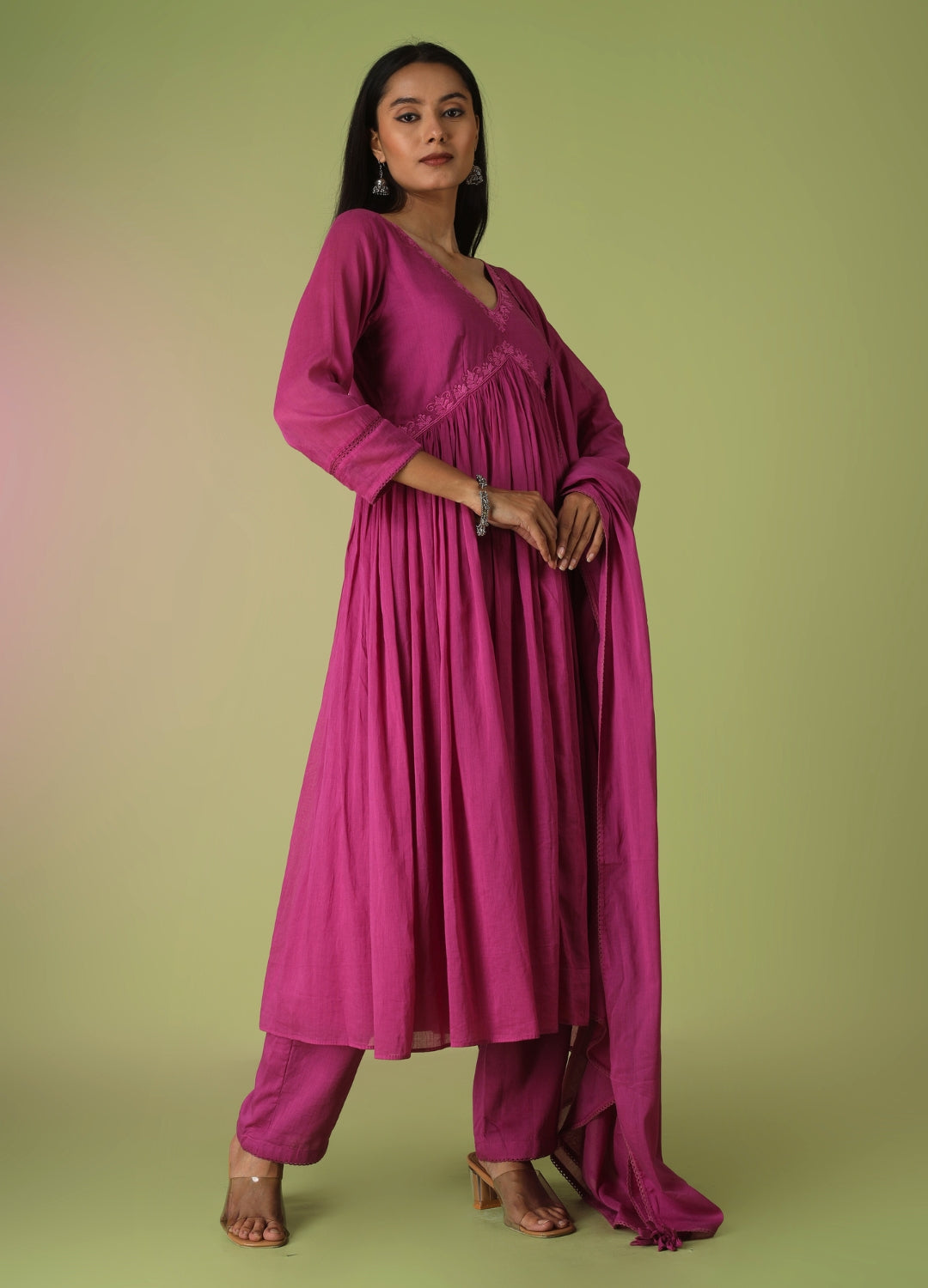 Raspberry Cross Gather Anarkali Set