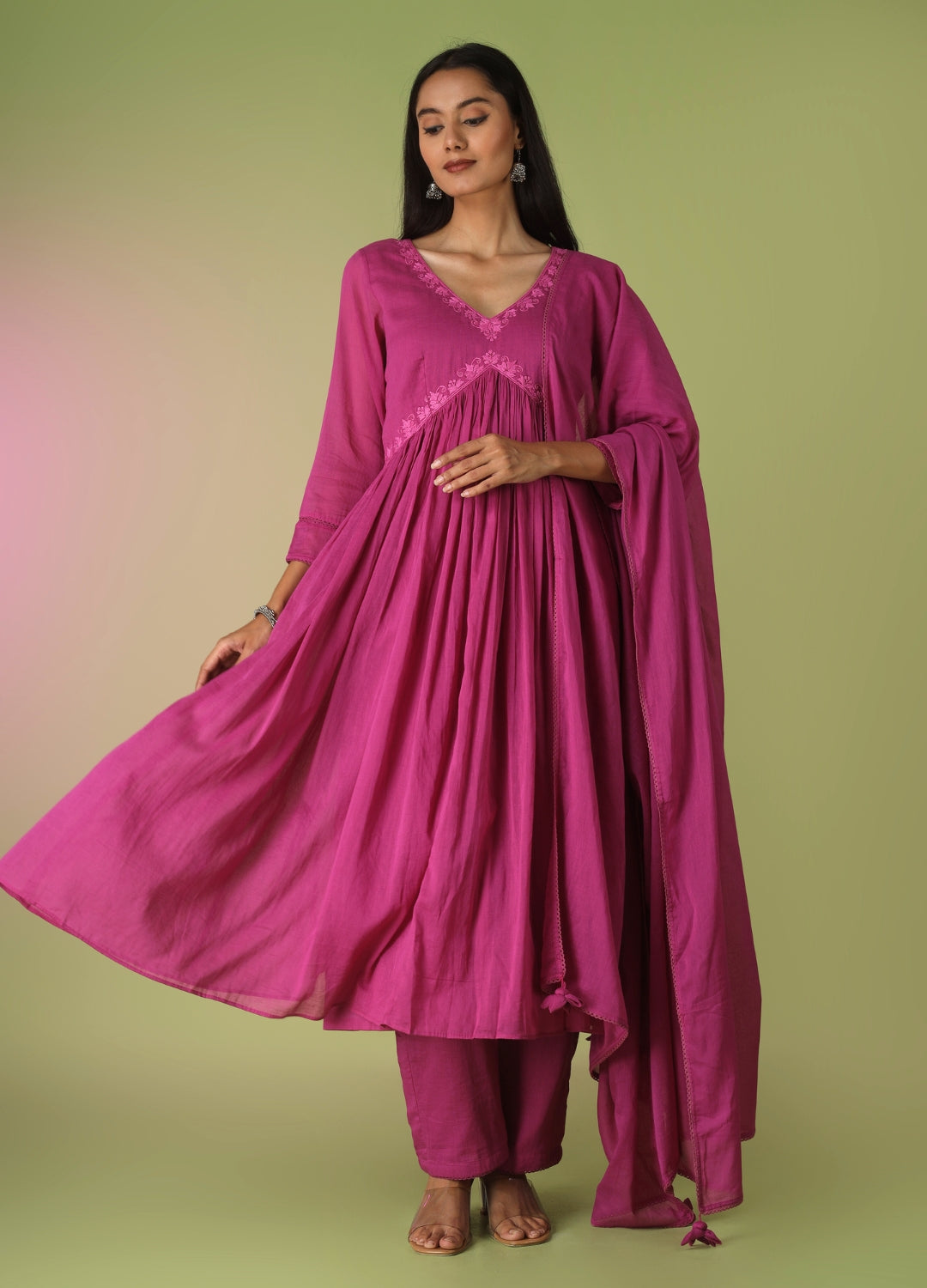 Raspberry Cross Gather Anarkali Set