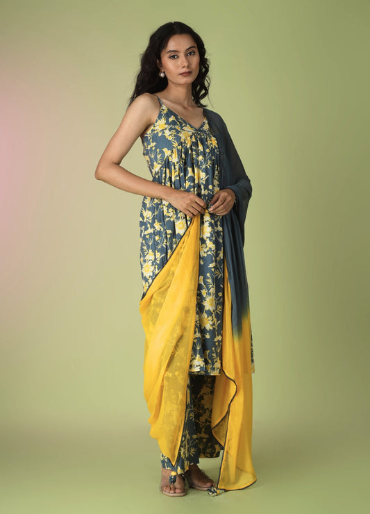 Blue Printed Strappy Kurta with Palazzo Set