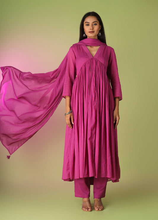 Raspberry Collar Neck Anarkali Suit Set
