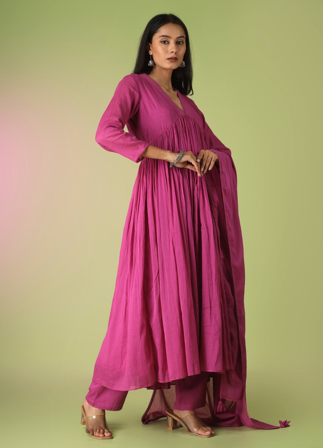 Raspberry Collar Neck Anarkali Suit Set