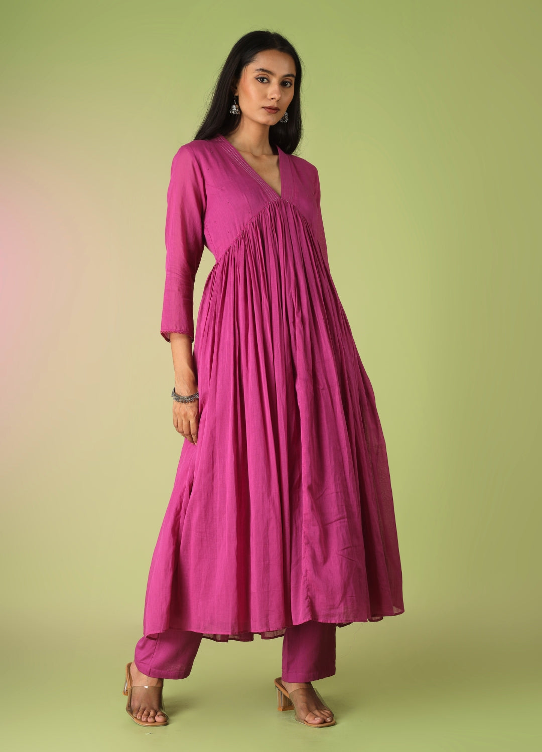 Raspberry Collar Neck Anarkali Suit Set