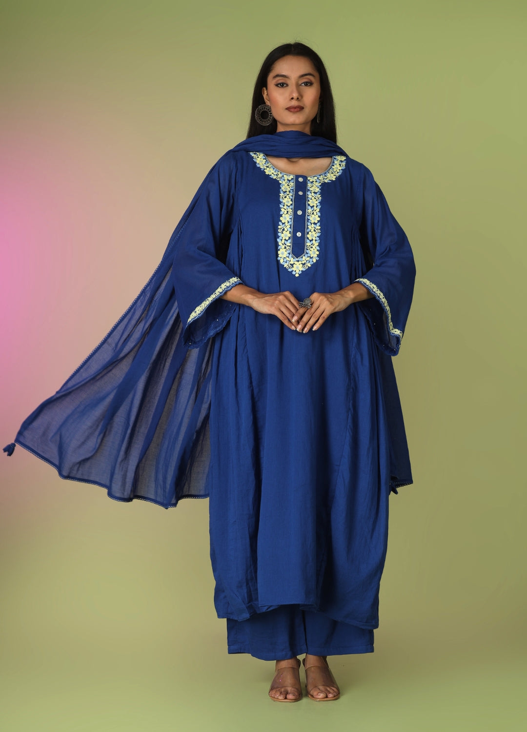 Royal Blue Side Gathered Anarkali Suit Set