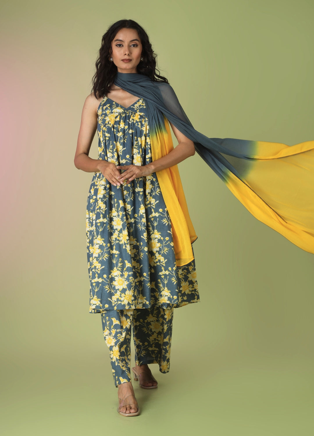 Blue Printed Strappy Kurta with Palazzo Set