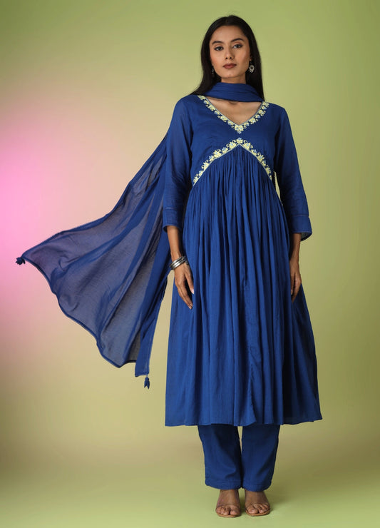 Royal Blue Cross Gather Anarkali Set