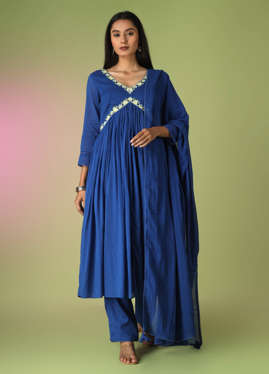 Royal Blue Cross Gather Anarkali Set