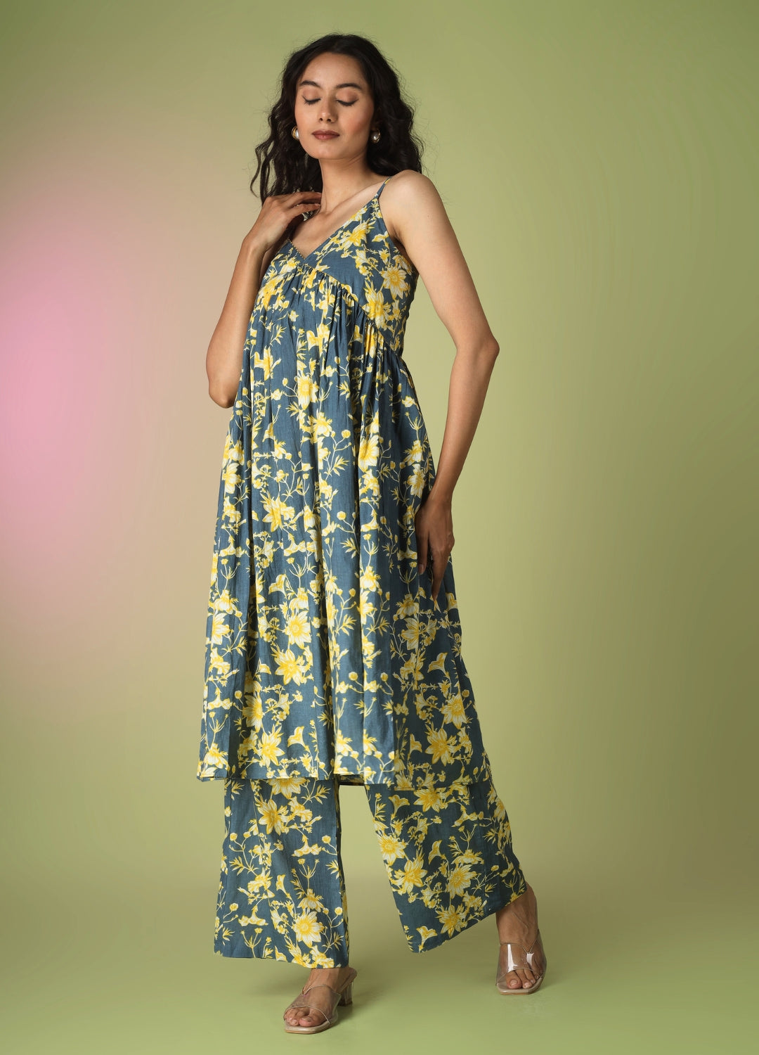 Blue Printed Strappy Kurta with Palazzo Set