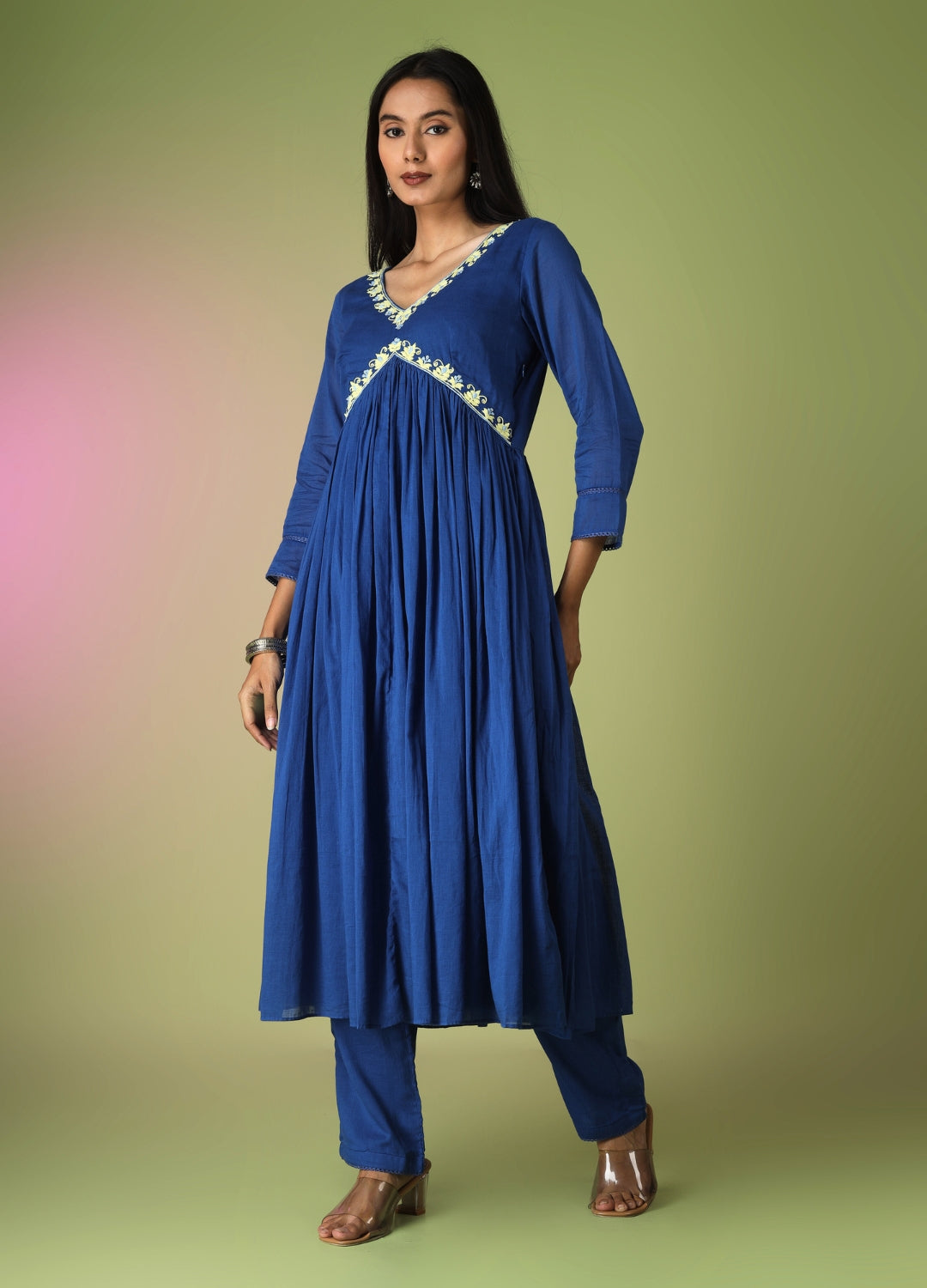 Royal Blue Cross Gather Anarkali Set