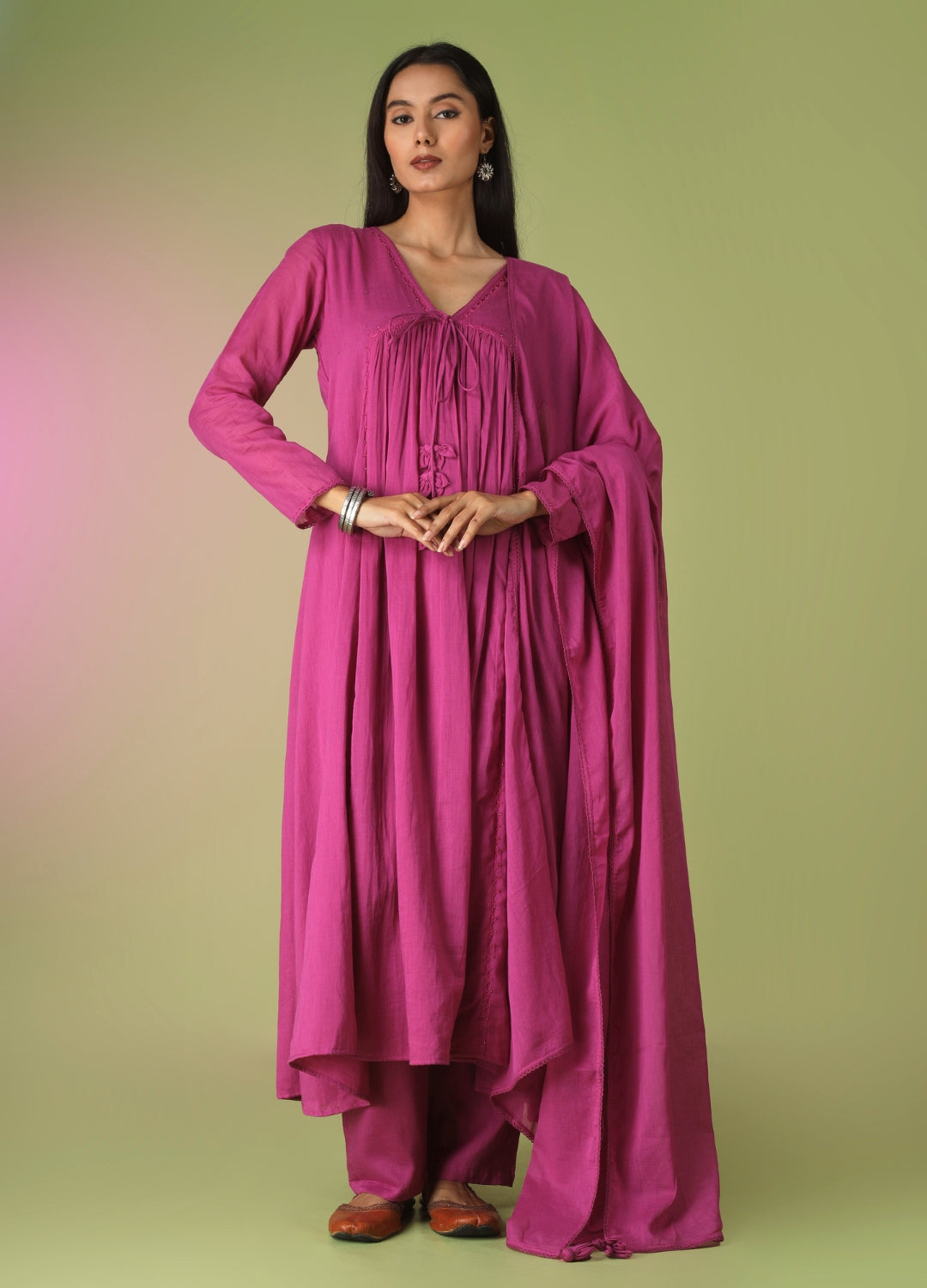 Raspberry Front Dori Anarkali Suit Set