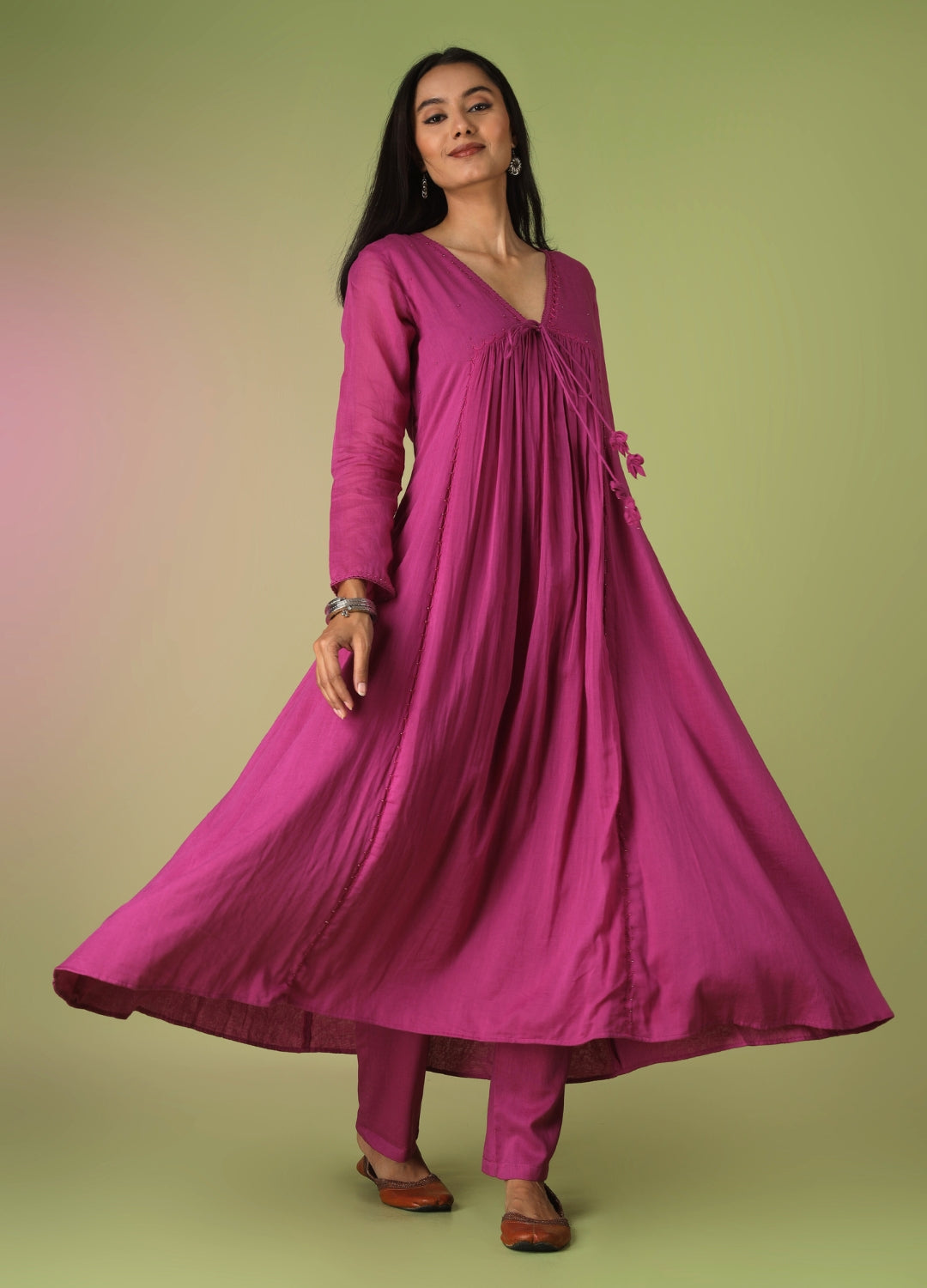 Raspberry Front Dori Anarkali Suit Set