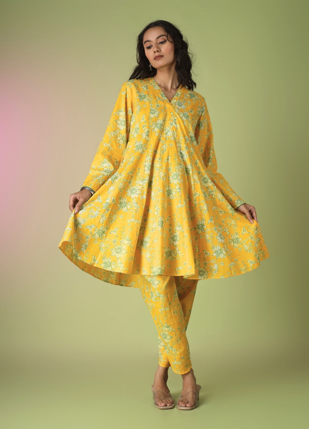 Yellow Collar Neck Short Kurta with Tulip Pants