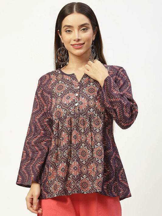 Purple Print Cotton A-Line Top