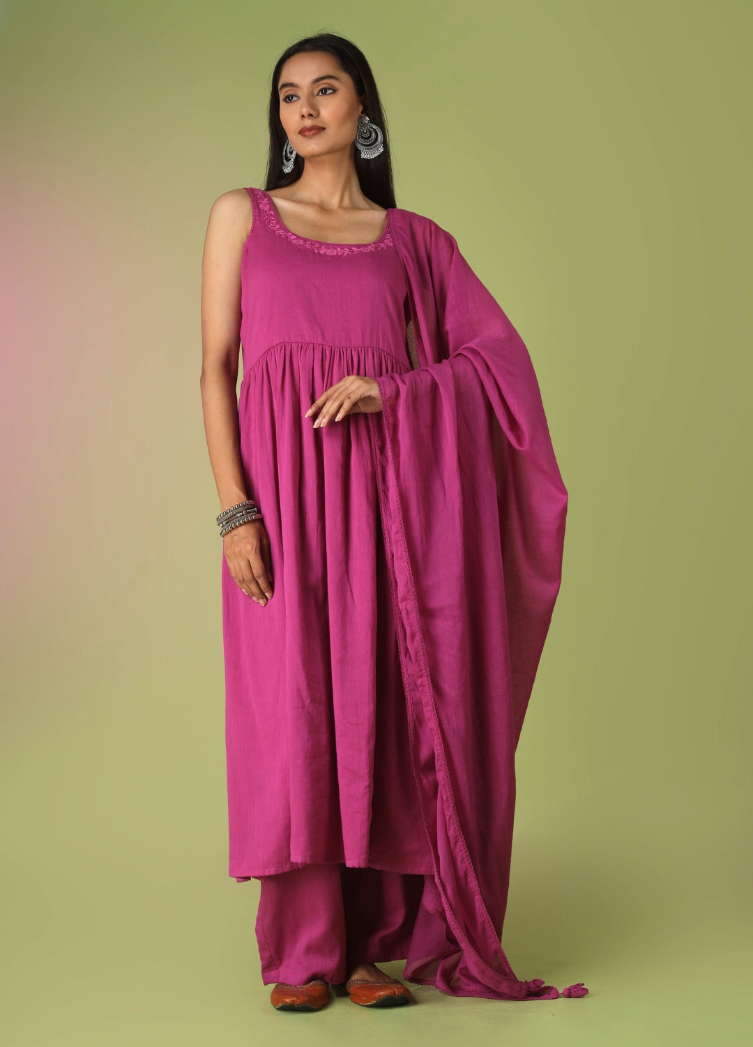 Raspberry Round Neck Anarkali Suit Set