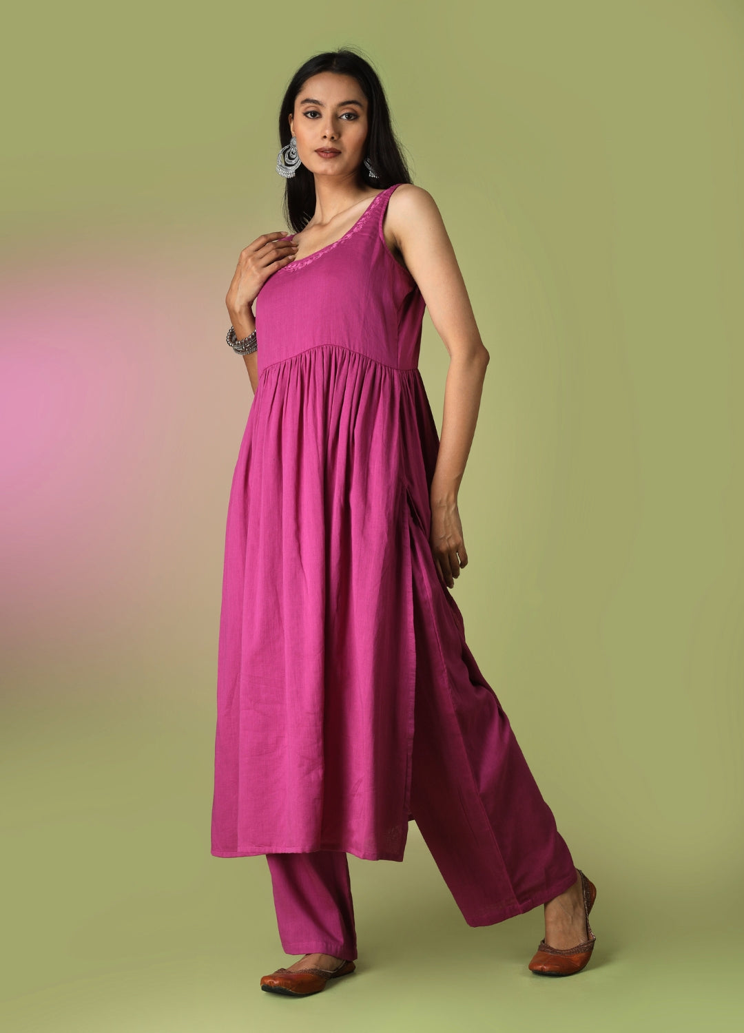 Raspberry Round Neck Anarkali Suit Set