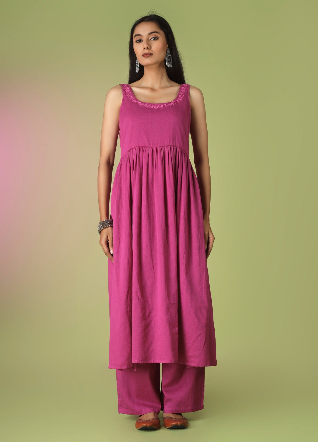 Raspberry Round Neck Anarkali Suit Set